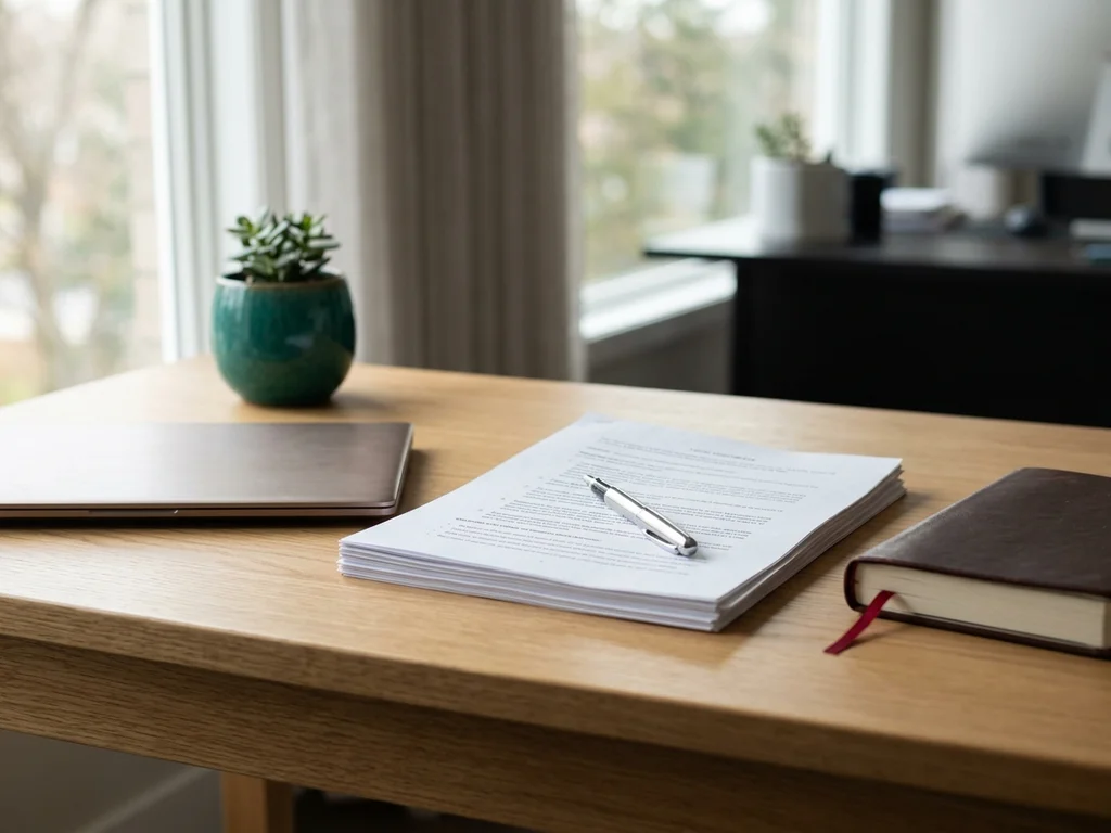 Bureau calme avec documents officiels et ordinateur pour la transparence des mentions légales.