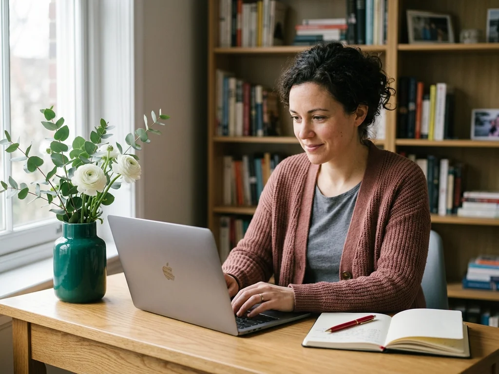 Une rédactrice attentive répondant aux messages des lecteurs depuis son bureau lumineux.