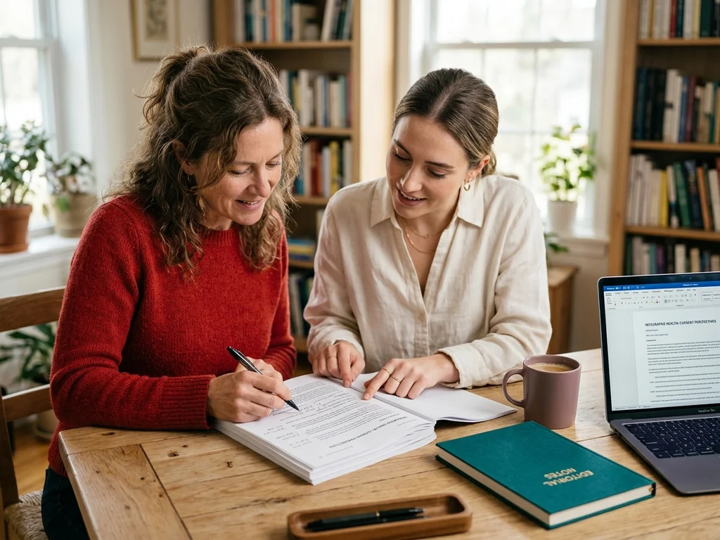Rédactrices collaborant sur un article de santé dans un bureau lumineux et chaleureux.